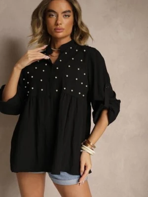 Czarna Koszula z Wiskozą i Perełkami Tanathiel j studio