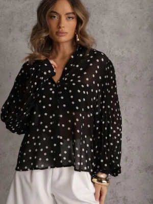 Czarna Koszula z Wiskozy i Bawełny Zdobiona Groszkami i Plisami na Rękawach Osharus