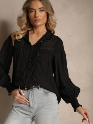 Czarna Koszula z Wiskozy Koronkowa ze Ściągaczami na Rękawach Walisna bibous project