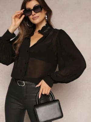 Czarna Koszula ze Stójką w Cyrkonie i Bufiastym Rękawem Kutto lily rose