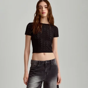 Czarna koszulka ażurowa z krótkim rękawem House
