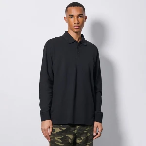 Czarna koszulka polo loose fit z długimi rękawami i strukturą House