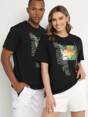 Czarna Koszulka T-shirt z Bawełny z Ozdobnym Nadrukiem Savenelle