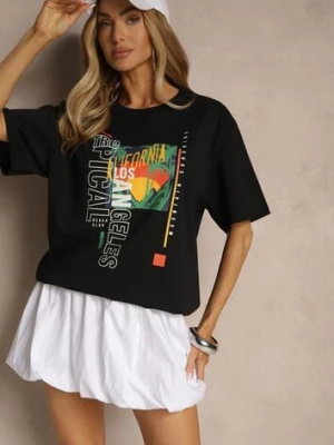 Czarna Koszulka T-shirt z Bawełny Zdobiona Oryginalnym Nadrukiem Savindrae