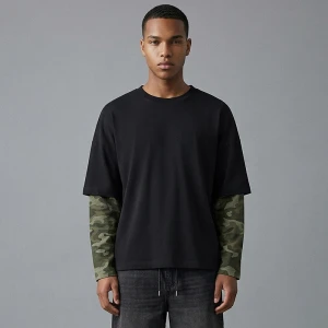 Czarna koszulka z długim podwójnym rękawem we wzór camo House