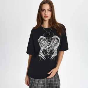 Czarna koszulka z nadrukiem skrzydeł i kłódki House