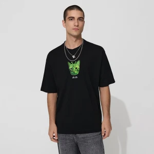 Czarna koszulka z nadrukiem zielonego kota House