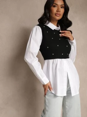 Czarna Koszulowa Bluzka z Wiskozą o Rozkloszowanym Kroju z Wszytą Kamizelką Uliadorella pretty