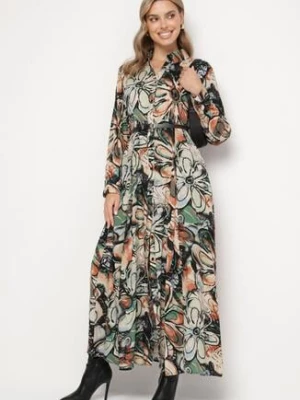 Czarno-Beżowa Koszulowa Kwiatowa Sukienka z Wiskozy Ozdobiona Guzikami Enanoris rosa