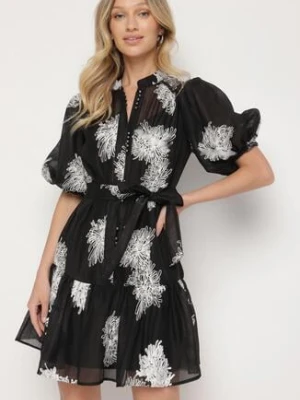 Czarna Koszulowa Przezroczysta Sukienka z Bawełną Haftami i Paskiem Lirulira lovery