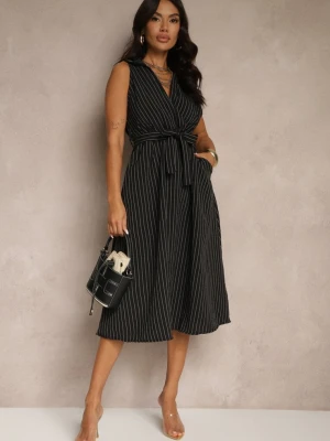 Czarna Koszulowa Sukienka Bez Rękawów z Wiązanym Paskiem Lideene New Collection