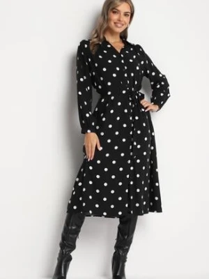 Czarna Koszulowa Sukienka Długa z Wiskozy w Kropki z Paskiem w Talii i Kieszeniami Cuvina unigirl