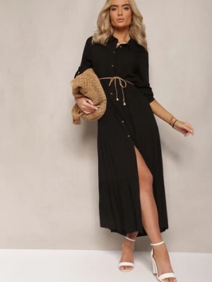 Czarna Koszulowa Sukienka Maxi z Bawełny Junira