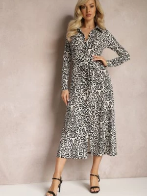 Czarno-Biała Koszulowa Sukienka Midi z Rozkloszowaniem i Paskiem Lanibe by swan