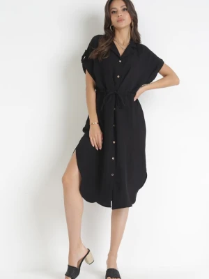 Czarna Koszulowa Sukienka Midi z Wiskozy na Guziki z Troczkiem i Wycięciami Alicana New Collection