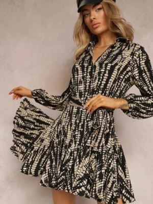 Czarna Koszulowa Sukienka Mini z Falbanką i Wiązanym Paskiem Anagal retro & icone