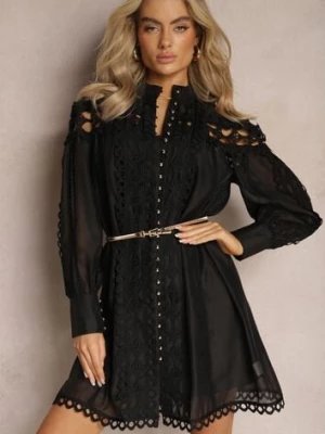 Czarna Koszulowa Sukienka Mini z Paskiem Zdobiona Koronką Organdi lovery