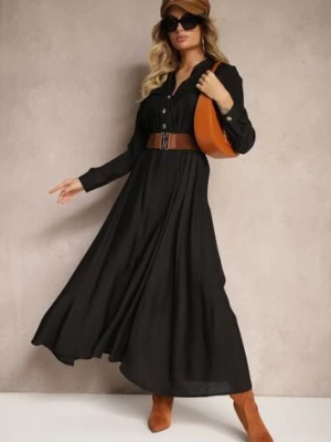 Czarna Koszulowa Sukienka o Rozkloszowanym Kroju z Paskiem i Gumką Zinfretta rosa