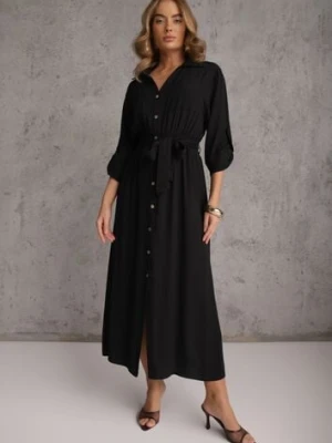 Czarna Koszulowa Sukienka Utility z Bawełny z Wiązanym Paskiem w Talii Retona m&d fashion