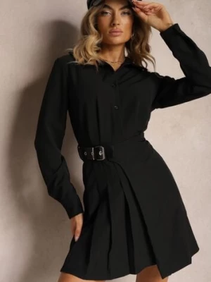 Czarna Koszulowa Sukienka Utility z Plisowaną Asymetryczną Spódnicą z Paskiem Mussoria allyson