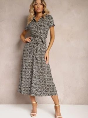 Czarna Koszulowa Sukienka w Geometryczny Wzór Zapinana na Guziki Xarrah by swan