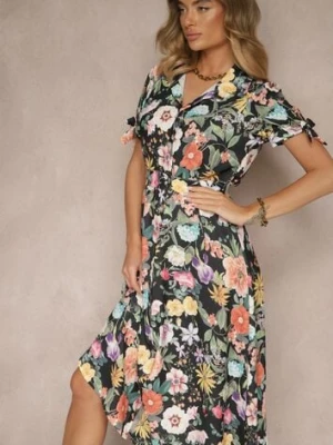 Czarna Koszulowa Sukienka w Kwiaty o Rozkloszowanym Fasonie z Paskiem Fevalirra lovery