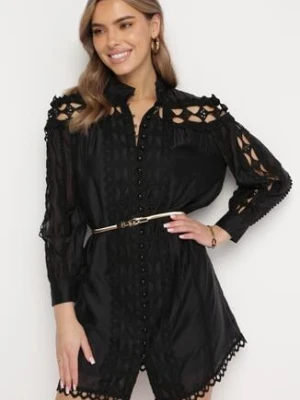 Czarna Koszulowa Sukienka w Stylu Vintage ze Stójką i Paskiem w Talii Glikoma elsa.m by may