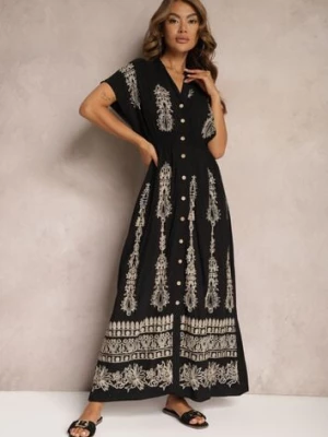 Czarna Koszulowa Sukienka z Bawełną i Gumkami w Talii Zapinana na Guziki Fosofia unigirl