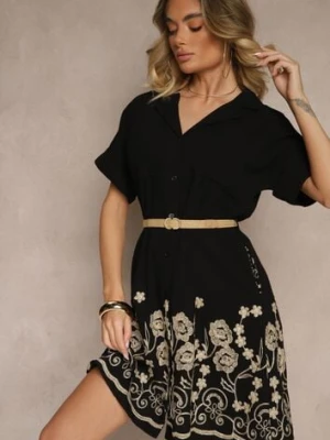 Czarna Koszulowa Sukienka z Bawełny o Rozkloszowanym Kroju z Paskiem i Haftem Nalista rosa