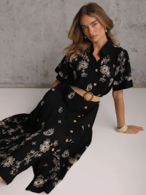Czarna Koszulowa Sukienka z Bawełny z Plecionym Paskiem Zdobiona Haftem Hestorena sweet girl