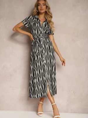 Czarna Koszulowa Sukienka z Materiałowym Paskiem i Guzikami z Geometrycznym Printem Usklea by swan