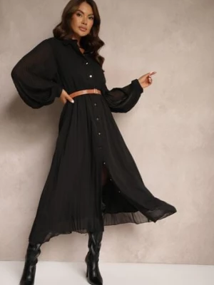 Czarna Koszulowa Sukienka z Plisami i Dodatkowym Paskiem Miarosea unigirl