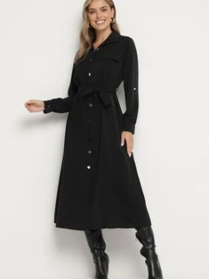 Czarna Koszulowa Sukienka z Podpinanymi Rękawami i Dodatkowym Wiązanym Paskiem Ivandria j studio