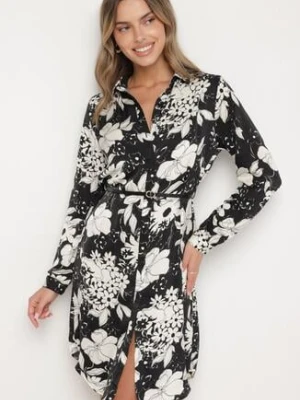 Czarna Koszulowa Sukienka z Wiskozą w Kwiatowy Wzór z Dodatkowym Paskiem Ninira sophyline