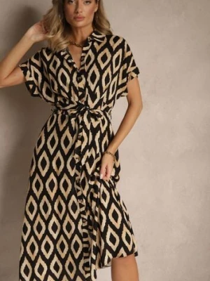 Czarna Koszulowa Sukienka z Wiskozy Ozdobiona Geometrycznym Motywem Ralomia cflo