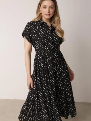 Czarna Koszulowa Sukienka z Wiskozy w Groszki z Wiązanym Paskiem w Talii Heless unigirl