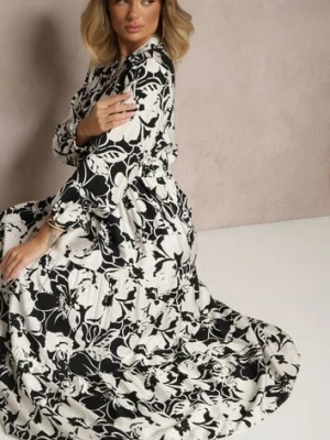 Czarna Koszulowa Sukienka z Wiskozy w Kwiaty o Rozkloszowanym Fasonie Ridavielle m&d fashion