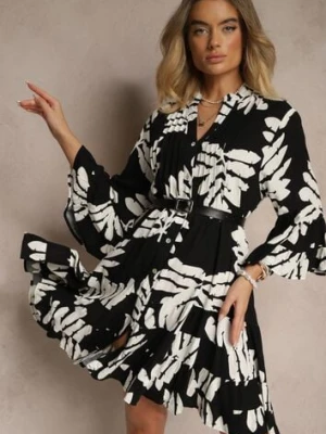 Czarna Koszulowa Sukienka z Wiskozy z Falbankami w Liściasty Wzór Ridiella fashion
