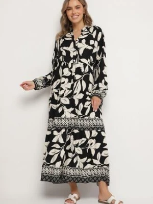 Czarna Koszulowa Sukienka z Wiskozy z Motywem Liści Liorenna cflo