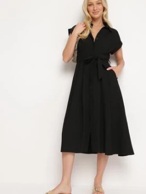 Czarna Koszulowa Sukienka Zapinana na Guziki z Materiałowym Paskiem Moaxel unigirl