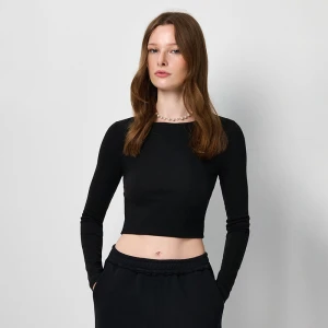 Czarna krótka koszulka basic z długim rękawem House