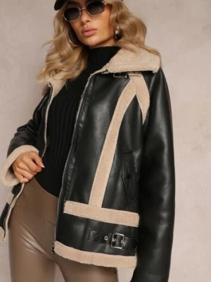 Czarna Kurtka Biker z Imitacji Skóry i Kożuszkiem Nilos elsa.m by may
