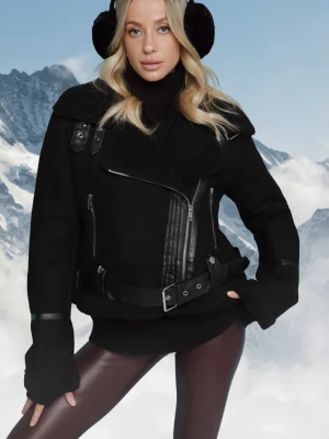 Czarna Kurtka Biker z Imitacji Zamszu i Kożuszka Ves Elsa.m By May
