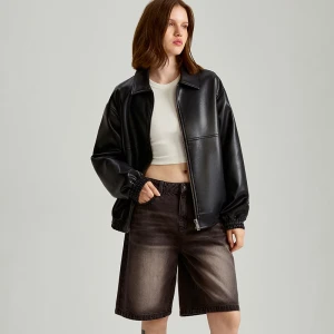 Czarna kurtka bomber dad fit z imitacji skóry House