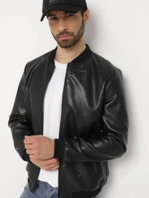 Czarna Kurtka Bomberka z Imitacji Skóry i Zasuwanymi Kieszeniami Rihella
