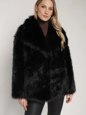 Czarna Kurtka Futerko o Dwurzędowym Kroju Oversize Nevisa