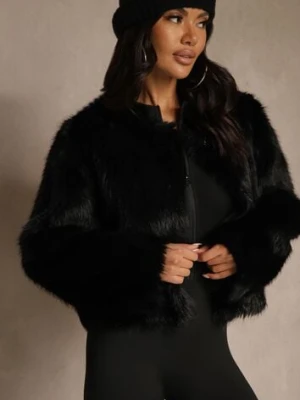 Czarna Kurtka Futerko o Prostym Fasonie z Okrągłym Dekoltem Iddane ann gissy