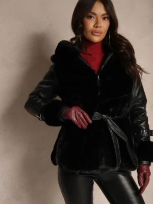 Czarna Kurtka Futerko z Ekoskórzanymi Rękawami z Klamrami Kapturem i Wiązanym Paskiem Mesizelle j.style