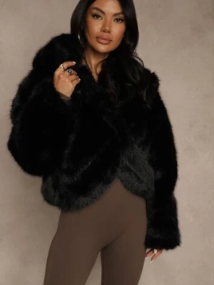Czarna Kurtka Futro z Nieodpinanym Kapturem Zetera