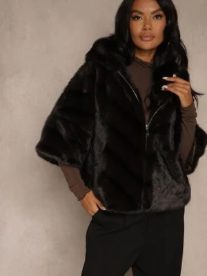 Czarna Kurtka Futrzana o Kroju Oversize z Kapturem i Rękawami 3/4 Titene melya by melody